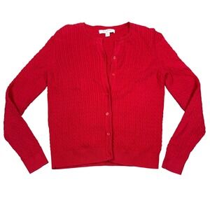 Brooks Brothers Fleece Cardigan Womens XL Red Cable Knit Long Sleeve 100% Cotton